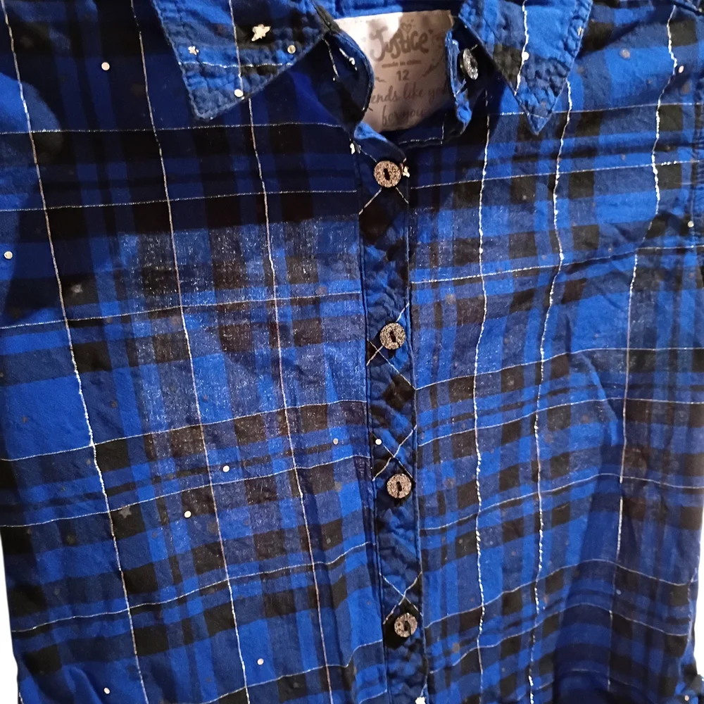 Fair Justice Girls Glittery Blue Star Plaid Long Sleeve Button‎ Up S/12 Cowgirl